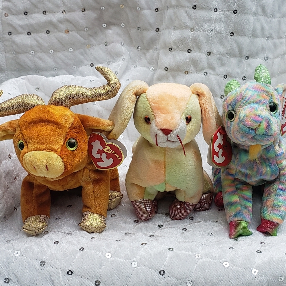 Vintage Ty Beanie Baby Zodiac  Rabbit~Goat~Ox Bundle